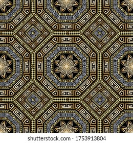 Patrón de marineros vectores 3d de plata dorada griega. Fondo geométrico de lujo ornamental. Hermosa decoración moderna de clave griega serpentea. Diseño floral de estilo étnico tribal. Marcos, flores, formas, líneas.