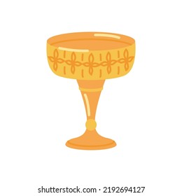 Goblet griego de oro con joyas y piedras preciosas y tallados. Artefactos antiguos y patrimonio cultural, rico y rico de los viejos tiempos. Vector de estilo plano