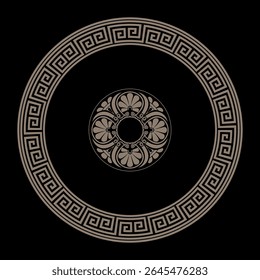 Quadro redondo chave dourada grega no fundo preto com um padrão no centro da placa. Padrões da Grécia Antiga, antigo Império Romano. Chave grega, meander pattern.Template para design