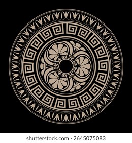 Greek golden round ornament on black background. Greek vector pattern. Round ornament with Greek key meanders. Greek key. Typical egyptian, assyrian motives, circle border. Vector illustration