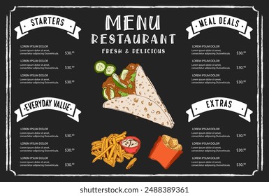 Greek Gyros Hand drawn vector illustration. Making Gyros ingredients. Fast food design elements. Restaurant cafe poster, menu template design.