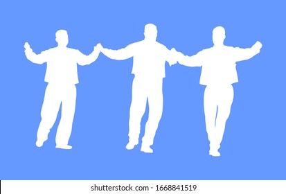 A Greek hasapiko dance. Evzone dancing vector silhouette isolated. Traditional folk dance. Dancer man illustration. Traditional Balkan Greece folklore kolo. Sirtaki, syrtaki. Wedding dance ceremony.