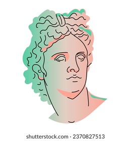 Greek head sculpture of Apollo. Ancient Olympian god. Decorative portrait with color gradient and outline. Isolated on white background. Hand drawn. Vector illustration.