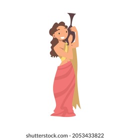 Greek or Hellene Woman Character in Ethnic Chiton Clothing Holding Lekythos Vector Illustration