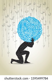 Greek Hercules Poster Carrying the Earth - Farsi Calligraphy - Persian Strings and Letters