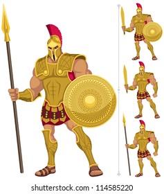 Greek hero isolated on white. On the right are 3 additional versions of him.  No transparency and gradients used.