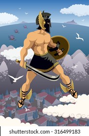 Greek hero Perseus flying in his magic sandals. No transparency used. Basic (linear) gradients.