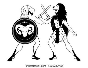 Greek heroes crashing their swords. Jason and Hercules. Fleece and lion. Shield with the image of ram. Ancient Greece style