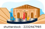 Greek history people culture, hellenic amphitheater with actorc, vector illustration. Hellenic archeology architecture with ancient column element.