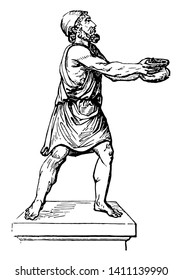 A Greek holding a Pileus, vintage line drawing or engraving illustration.