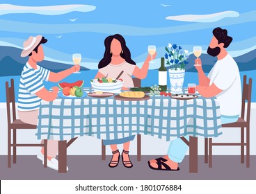 Greek Holiday For Friends Flat Color Vector Illustration. People Eat Together Meal In Greece. Man And Woman Drink Wine On Holiday. Relatives 2D Cartoon Characters With Landscape On Background