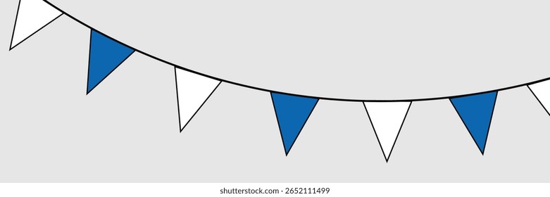 Greek holiday, Greece bunting garland, string of blue and white triangular flags. National Independence Day in Finland. Ohi Day. string of blue and white triangular flags