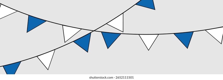 Greek holiday, Greece bunting garland, string of blue and white triangular flags. National Independence Day in Finland. Ohi Day. string of blue and white triangular flags