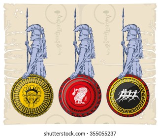 Greek hoplites with shields, vector