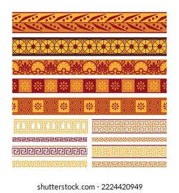 Greek horizontal pattern. Ancient meander ornament with flowers, antique mediterranean geometric floral frames borders. Vector set of ancient meander pattern illustration