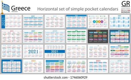 Greek horizontal set of pocket calendars for 2021 (two thousand twenty one). Week starts Monday. New year. Color simple design. Vector