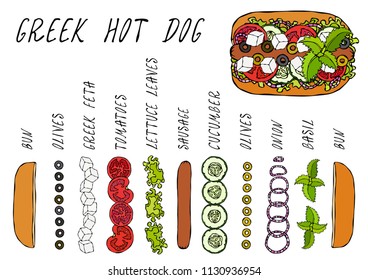 Greek Hot Dog Ingredients Constructor. Feta Cheese, Basil. Olives, Lettuce Salad, Tomato, Cucumber. Fast Food Collection. Hand Drawn High Quality Vector Illustration. Doodle Style.