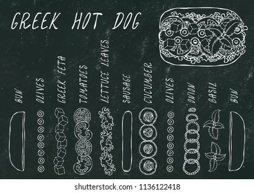 Greek Hot Dog Ingredients Constructor. Feta Cheese, Basil. Olives, Lettuce Salad, Tomato, Cucumber. Fast Food Collection. Hand Drawn High Quality Vector Illustration. Doodle Style. Black Chalkboard.
