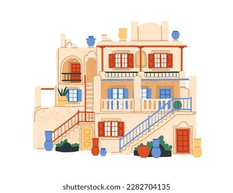 griechische Hausarchitektur. Traditionelles griechisches Gebäude Außenfassade mit verzierter Fassade, Fenster, Treppen, Vasen. Wohnungsbau in Mykonos. Flache Vektorgrafik einzeln auf weißem Hintergrund