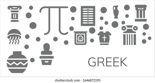 greek icon set. 11 filled greek icons. Included Column, Pi, Medusa, Creature, Vase, Armour, Columns, Statue icons