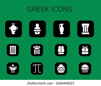greek icon set. 12 filled greek icons. Included Amphora, Columns, Caduceus, Statue, Column, Pi, Vase, Armour, Medusa icons