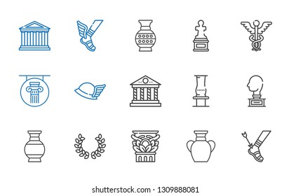 greek icons set. Collection of greek with achilles, vase, column, laurel, sculpture, parthenon, hermes, caduceus. Editable and scalable greek icons.