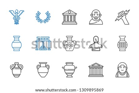 greek icons set. Collection of greek with alexander the great, parthenon, vase, statue, temple of apollo, zeus, socrates, laurel, caduceus. Editable and scalable greek icons.