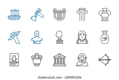 greek icons set. Collection of greek with artemis, socrates, parthenon, vase, alexander the great, sculpture, statue, zeus, column, lyre, trireme. Editable and scalable greek icons.