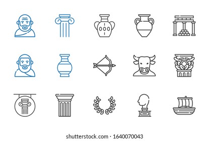 greek icons set. Collection of greek with trireme, sculpture, laurel, column, minotaur, artemis, vase, plato, temple of apollo, socrates. Editable and scalable greek icons.