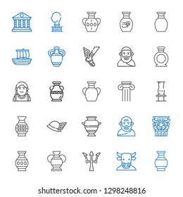 greek icons set. Collection of greek with vase, minotaur, poseidon, column, socrates, hermes, alexander the great, plato, trireme, sculpture. Editable and scalable greek icons.