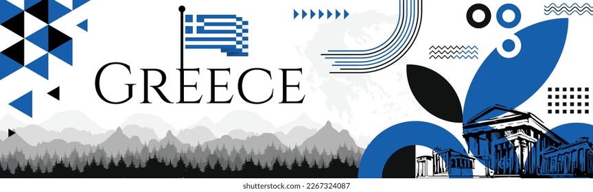 Banner del Día de la Independencia de Grecia con nombre y mapa. Color de la bandera temática Geométrico abstracto retro diseño moderno con patrón. Diseño gráfico de plantillas de ilustraciones vectoriales de color azul.