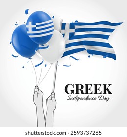 Greek Independence Day. Hands holding the flag of Greece in the shape of a balloon. Vector Illustration 
