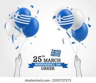 Greek Independence Day. Hands holding the flag of Greece in the shape of a balloon. Vector Illustration 
