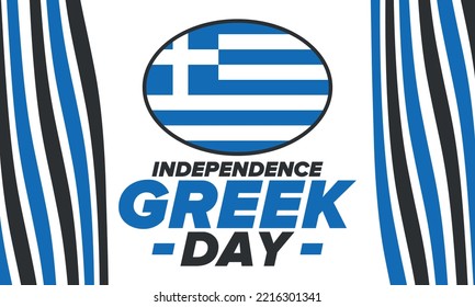 Greek Independence Day. National happy holiday, celebrated annual in March 25. Greece flag. Greek blue color. Patriotic elements. Poster, card, banner and background. Vector illustration