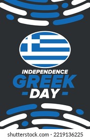 Greek Independence Day. National happy holiday, celebrated annual in March 25. Greece flag. Greek blue color. Patriotic elements. Poster, card, banner and background. Vector illustration