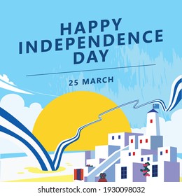 Greek independence day. National holiday vector illustration. Greece wavy long flag. Santorini's unique building and beach. Sunrises in beach scenery.