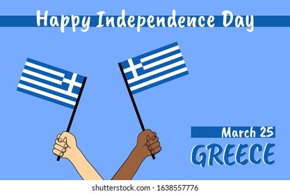 Greek Independence Day vector greeting card with multi-colored hands waving national sky blue and white flags. National holiday celebrated annually in Greece on March 25.