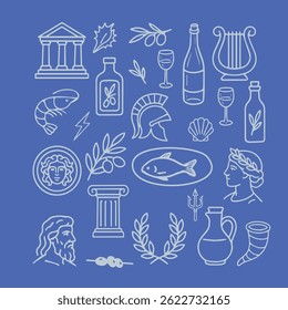 Greek inspired doodle collection featuring mythological symbols, food, wine, olive oil, laurel wreaths, gods, and architecture in clean blue and white line art. Vector illustration