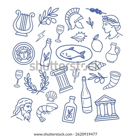 Greek inspired doodle collection featuring mythological symbols, food, wine, olive oil, laurel wreaths, gods, and architecture in clean blue and white line art. Vector illustration