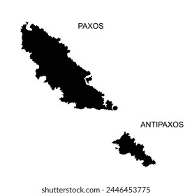 Greek Ionian islands Paxos map and Antipaxos map vector silhouette illustration isolated on white background. Paxos shape shadow.