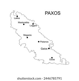 Greek Ionian islands Paxos map line contour vector silhouette illustration isolated on white background. Paxos shape shadow.