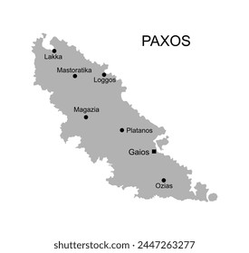 Greek Ionian islands Paxos map vector silhouette illustration isolated on white background. Paxos shape shadow.