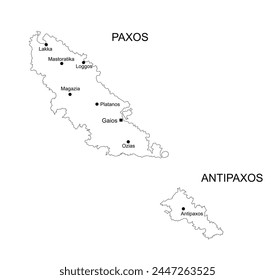 Greek Ionian islands Paxos map line contour and Antipaxos map contour line vector silhouette illustration isolated on white background. Paxos shape shadow.