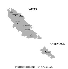 Greek Ionian islands Paxos map and Antipaxos map vector silhouette illustration isolated on white background. Paxos shape shadow.