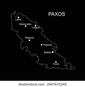 Greek Ionian islands Paxos map vector silhouette illustration isolated on black background. Paxos shape shadow. Paxos line contour map.