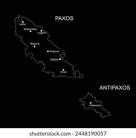 Greek Ionian islands Paxos map line contour and Antipaxos map contour line vector silhouette illustration isolated on black background. Paxos shape shadow.