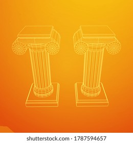 Greek ionic column. Ancient pillars roman antique architecture construction decoration. Wireframe low poly mesh vector illustration.