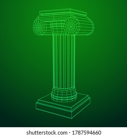 Greek ionic column. Ancient pillars roman antique architecture construction decoration. Wireframe low poly mesh vector illustration.