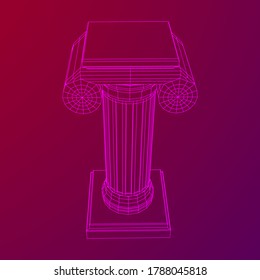 Greek ionic column. Ancient pillars roman antique architecture construction decoration. Wireframe low poly mesh vector illustration.