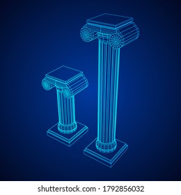 Greek ionic column. Ancient pillars roman antique architecture construction decoration. Wireframe low poly mesh vector illustration.